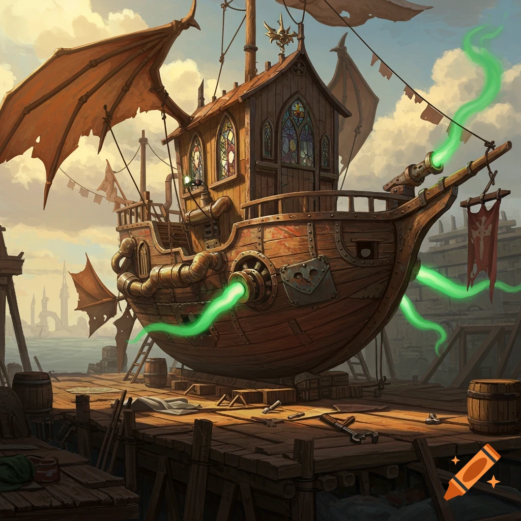 A detailed, dry-docked steampunk airship with a wooden hull, stained-glass windows, and large wing-like sails, emitting green energy.