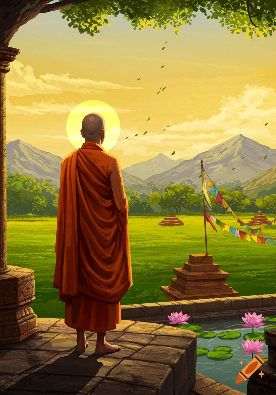 A bald Buddhist monk in orange robes stands on a stone patio, looking at a serene green landscape with mountains and a golden sky. Lotus flowers float in water.