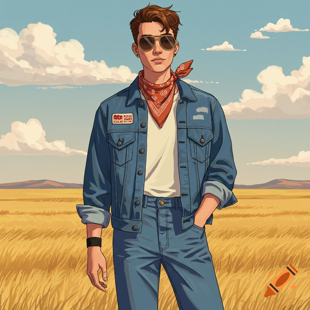 An illustration of a young man in sunglasses, a denim jacket, and a red bandana, standing in a golden field under a blue sky.