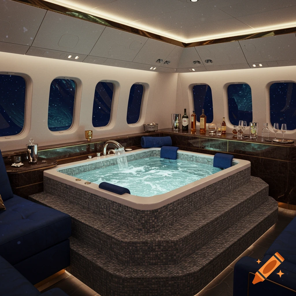 A luxurious airplane interior with a bubbling jacuzzi and a bar counter, viewed through windows showing a starry sky.