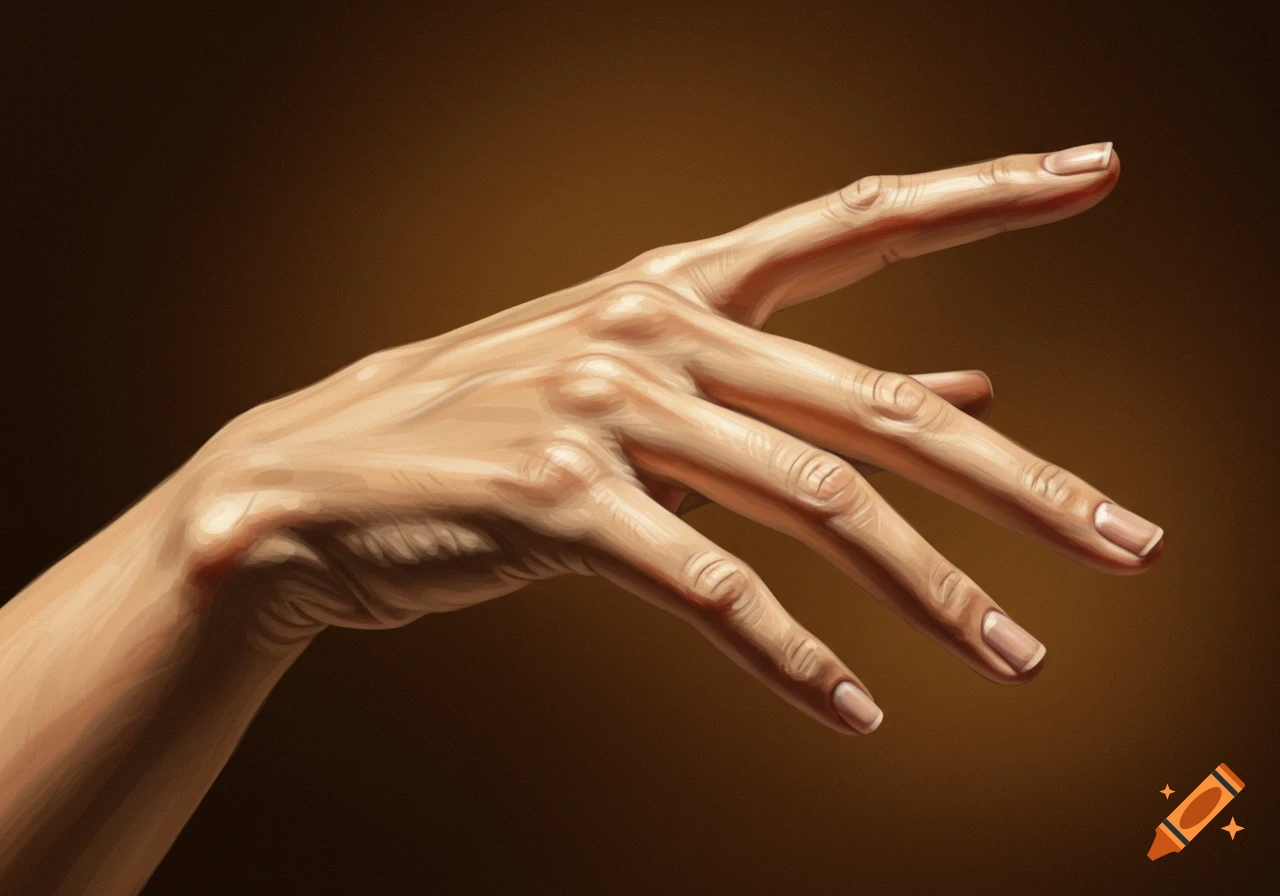 A detailed digital painting of a pale, slender right hand with long fingers and manicured nails against a dark brown background.