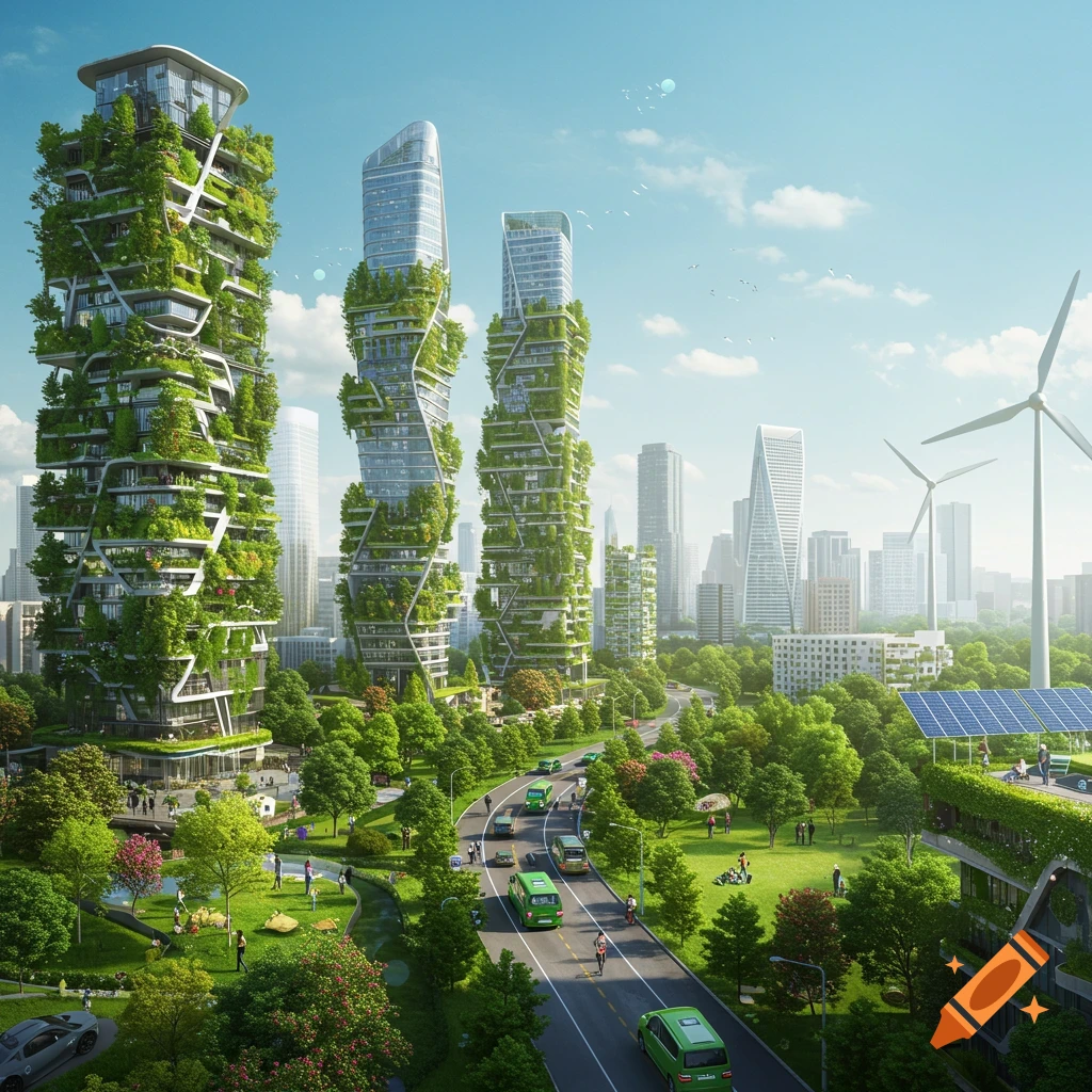 Photorealistic image of a futuristic, sustainable city with skyscrapers covered in greenery, electric cars, parks, wind turbines, and solar panels.