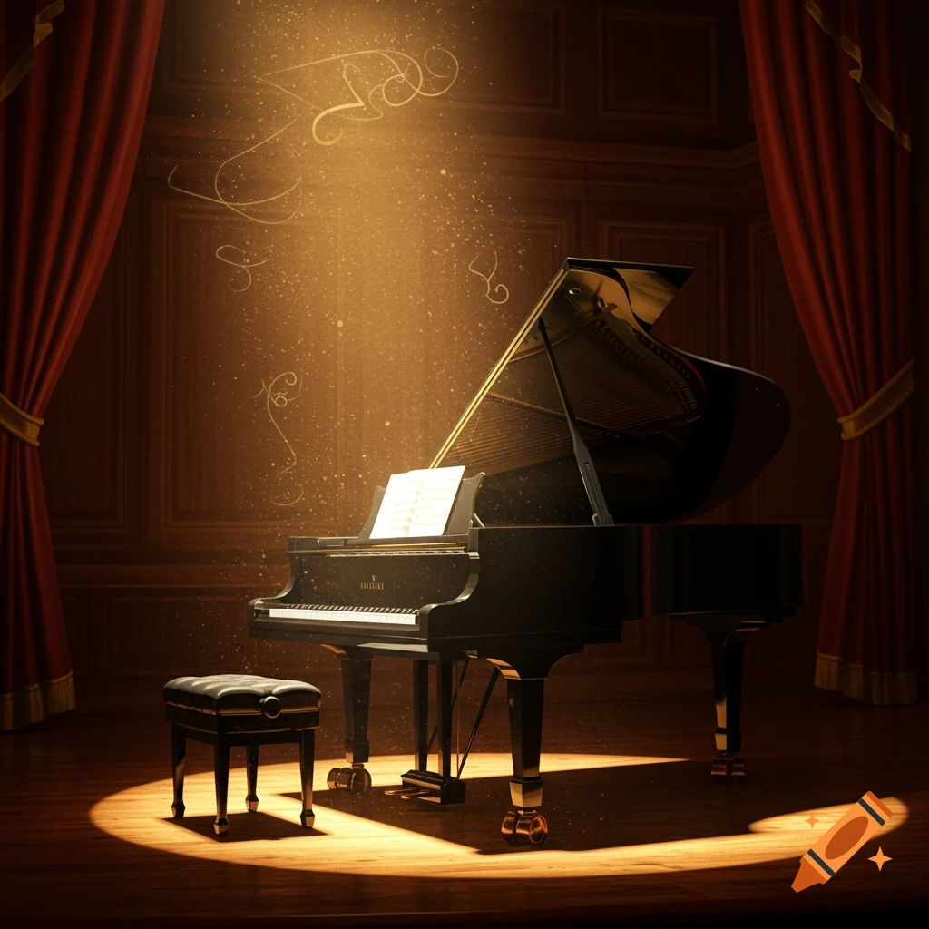 A grand piano and stool sit on a dimly lit stage with red curtains, illuminated by a spotlight with swirling light effects.
