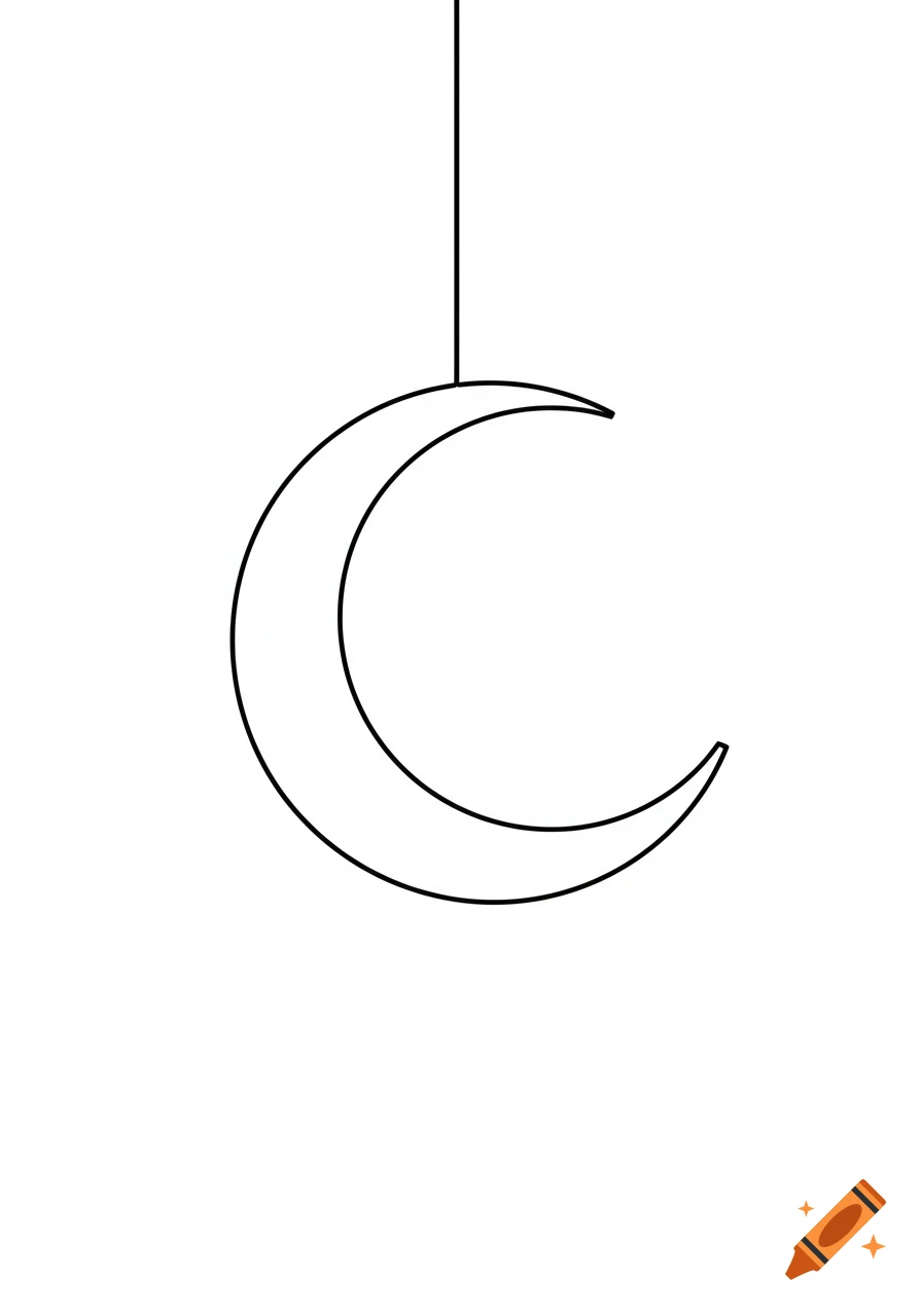 A minimalist black line art drawing of a crescent moon hanging from a thin vertical line on a white background.