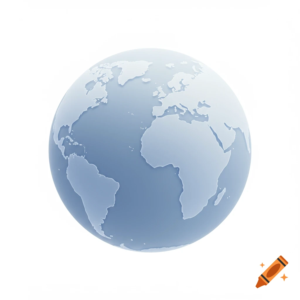 A minimalist, translucent light blue-grey globe showing continents on a white background.
