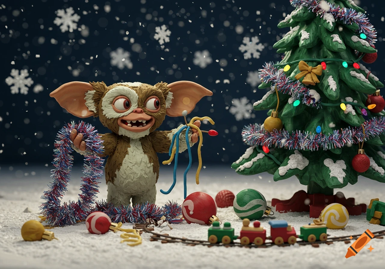 A claymation Gremlin-like creature holds tangled Christmas lights and tinsel next to a decorated Christmas tree in a snowy setting.