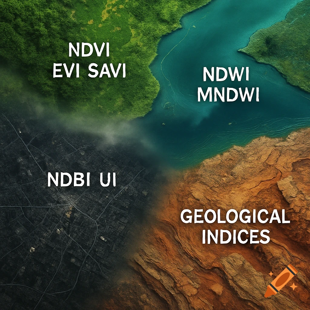 A stylized map-like view showing four regions: green forest, blue water, grey urban, and brown rocky terrain, labeled with scientific indices.