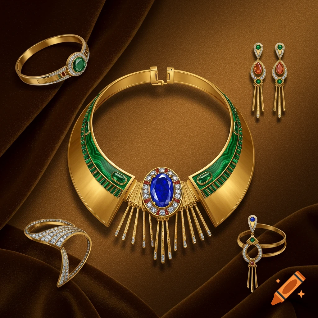 Opulent gold jewelry set with blue, green, red, and white gemstones, featuring an Egyptian-inspired collar necklace, bracelet, ring, and earrings on brown satin.