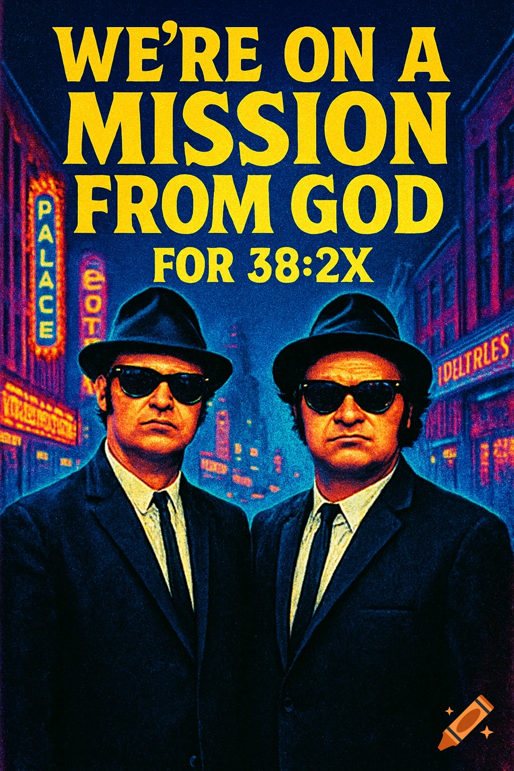 Two men in dark suits, hats, and sunglasses, resembling the Blues Brothers, stand against a blue city night scene with yellow text: "WE'RE ON A MISSION FROM GOD FOR 38:2X".
