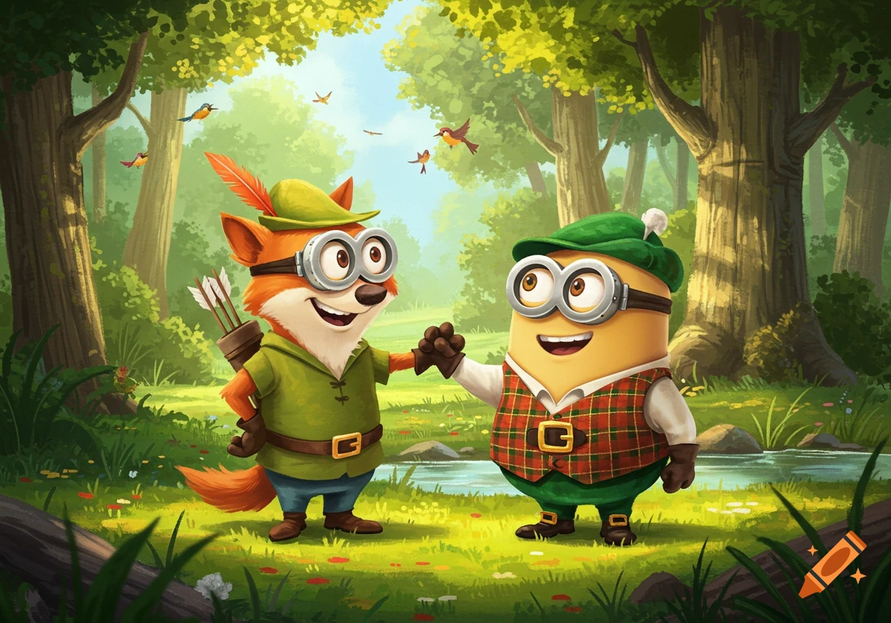 A cartoon fox dressed as Robin Hood shakes hands with a Minion wearing a green hat and plaid vest in a forest.