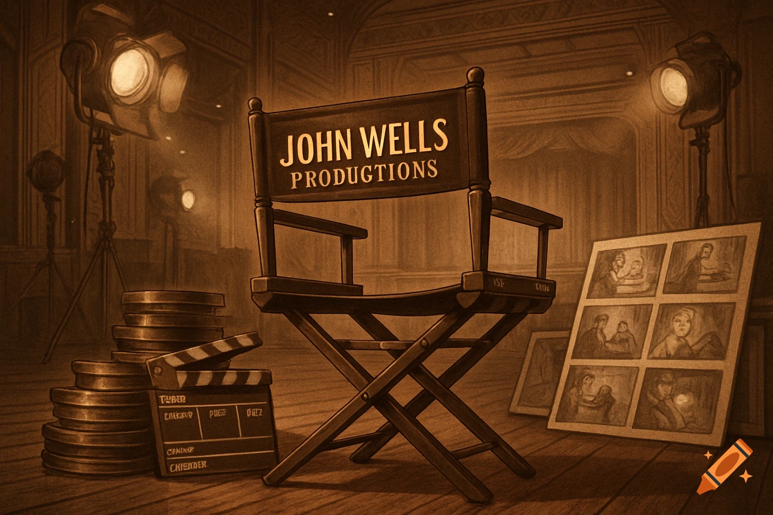 Sepia-toned illustration of a director's chair with "JOHN WELLS PRODUCTIONS" on it, surrounded by studio lights, film reels, and a clapperboard.
