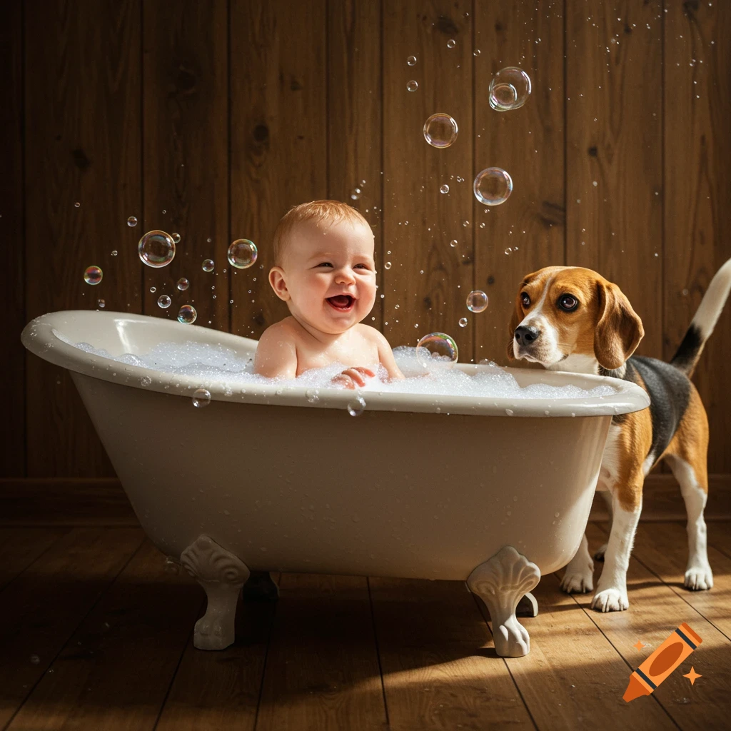 A smiling baby sits in a bubble bath, with a beagle dog watching beside the tub. Bubbles float in the air.