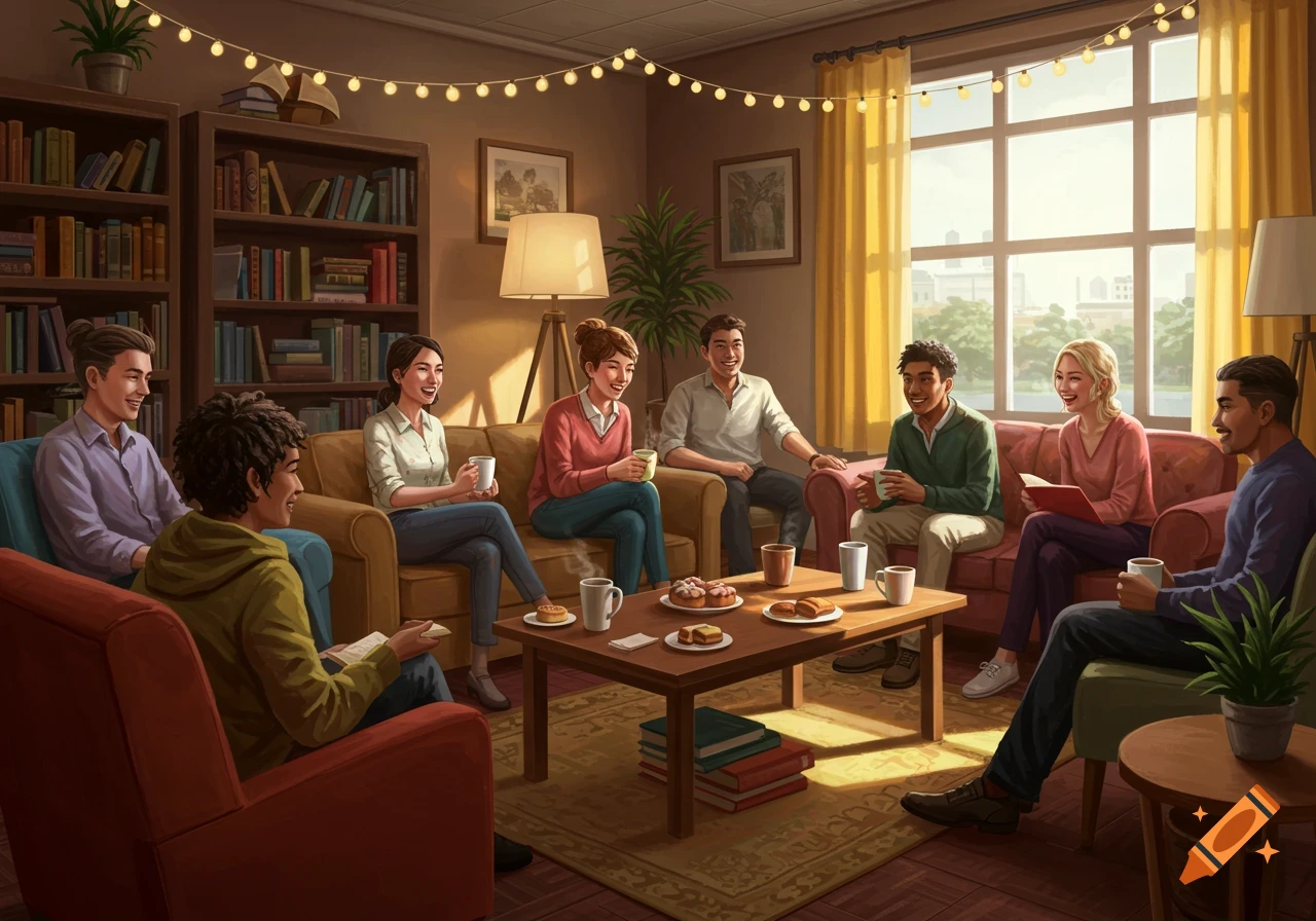 A group of diverse friends enjoys coffee and pastries in a cozy, sunlit living room with bookshelves, chatting and laughing.