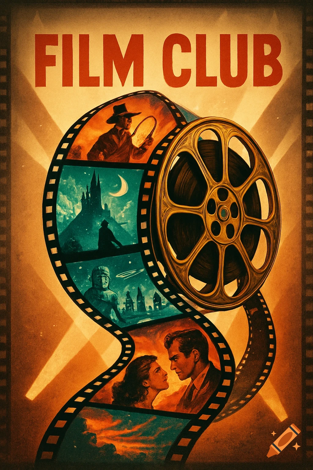 Vintage-style 'Film Club' poster featuring a large film reel and a strip with various movie scenes, including a cowboy, castle, and romantic couple.