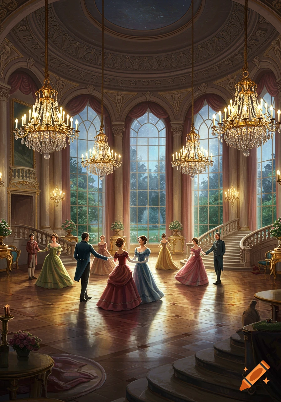 Elegant ballroom with people in period costumes dancing under sparkling chandeliers, illustrated in a classic, ornate style.