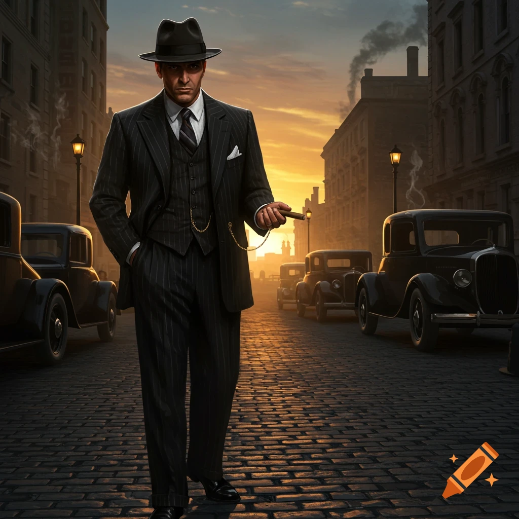 A photorealistic image of a mobster in a pinstripe suit and fedora walking down a cobblestone street with vintage cars at sunset.