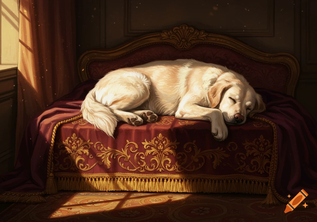 A cream golden retriever dog peacefully sleeping on a luxurious red and gold ornate bed in a sunlit room, painted style.