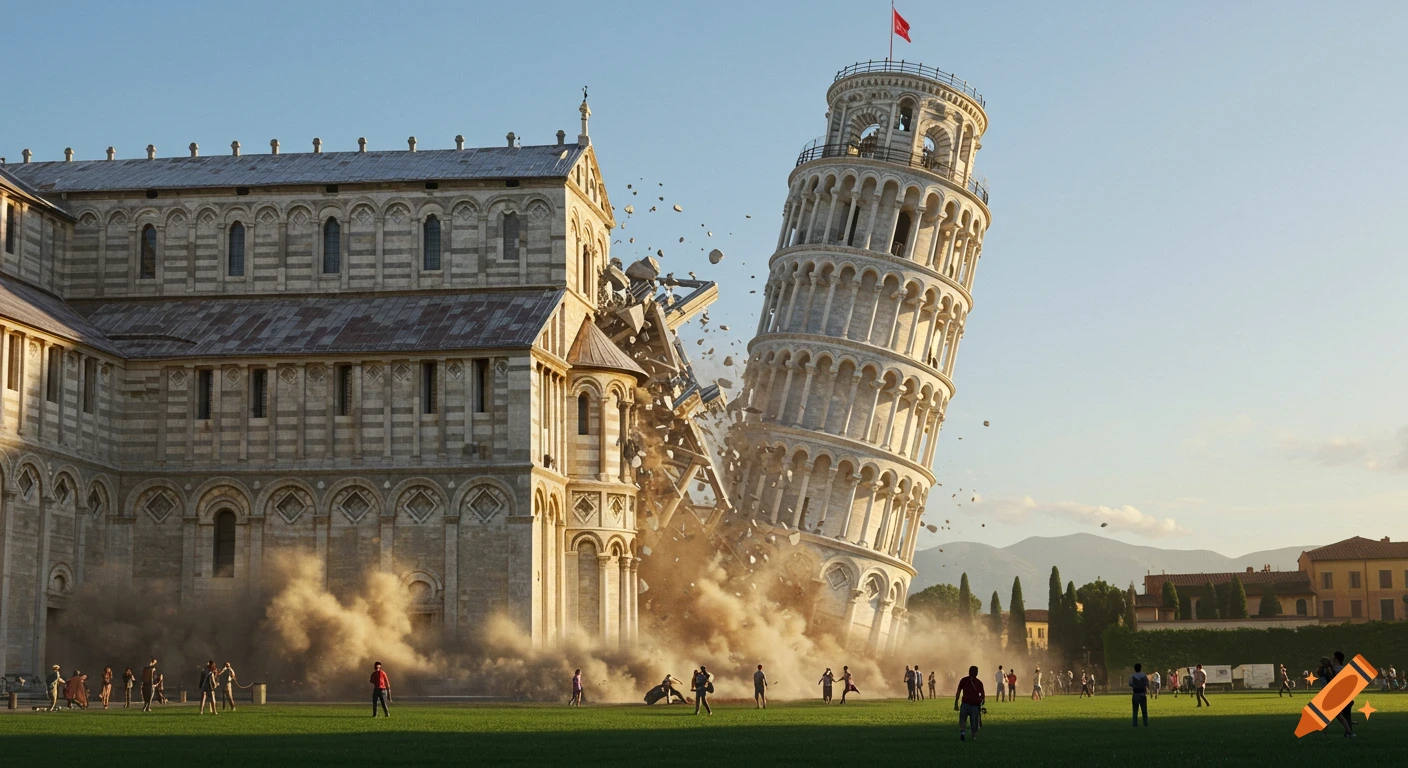 Photorealistic image of the Leaning Tower of Pisa collapsing into a cloud of dust and debris, with people running away on a grassy field.