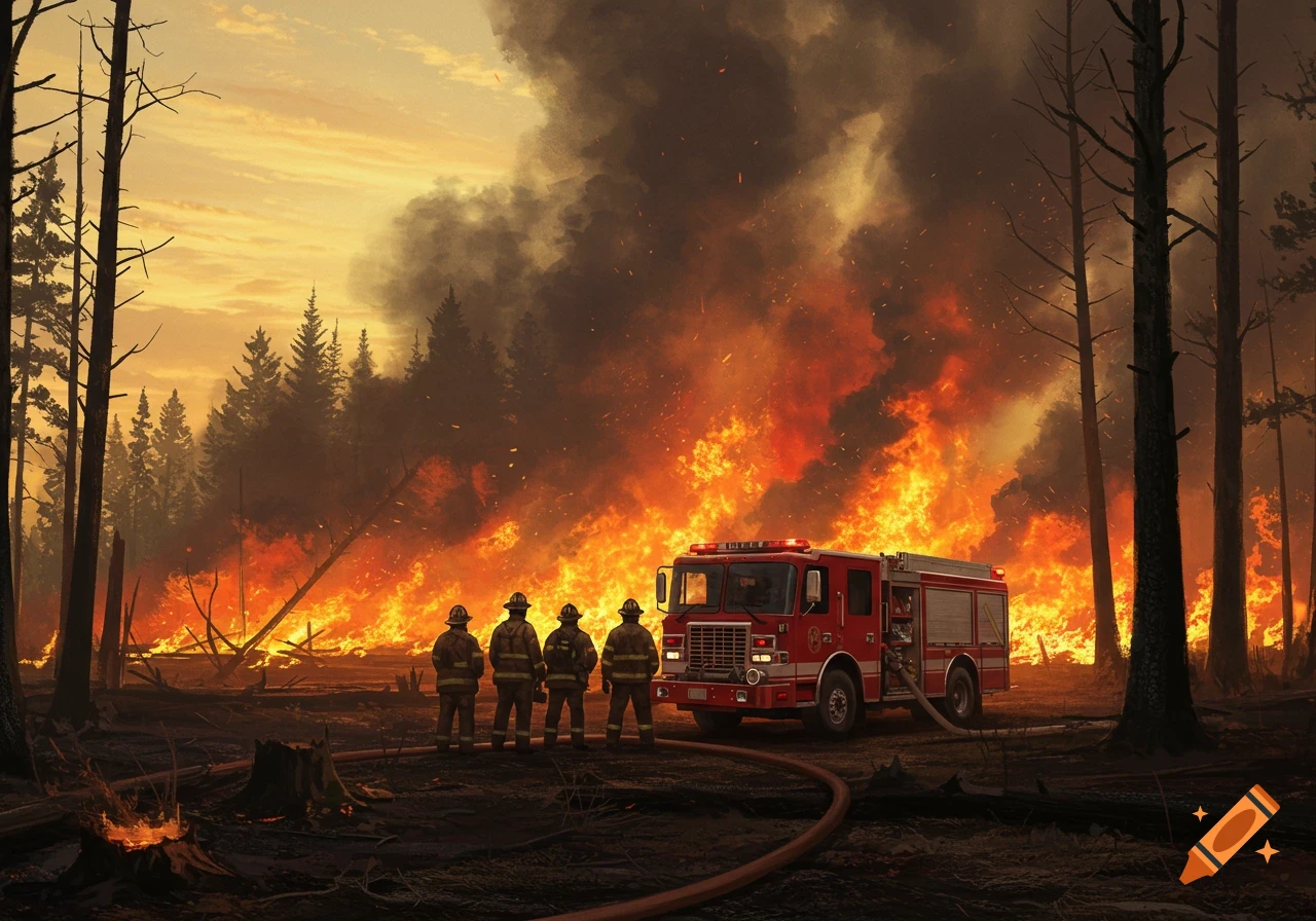 Four firefighters stand by a red firetruck, observing a massive forest fire with flames and smoke consuming the trees behind them.