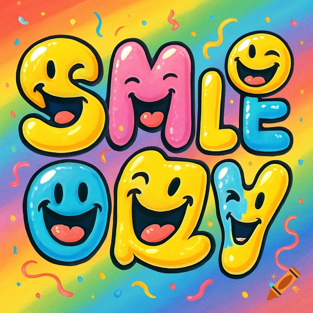Colorful 'SMILE DAY' text with bubble letters incorporating smiley faces, on a rainbow background with confetti.