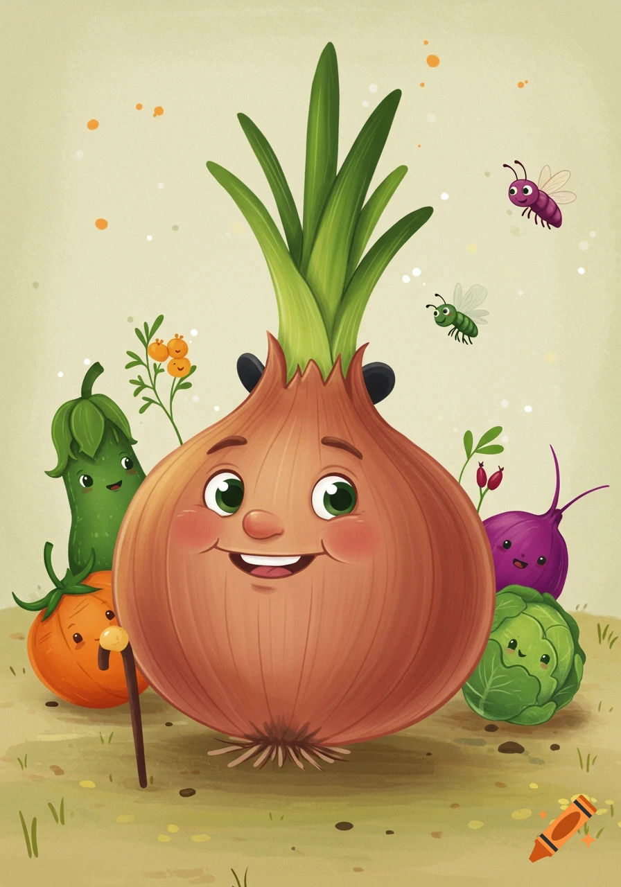 Whimsical cartoon illustration of a smiling onion with green sprouts, holding a stick, surrounded by happy vegetables and flying bugs.