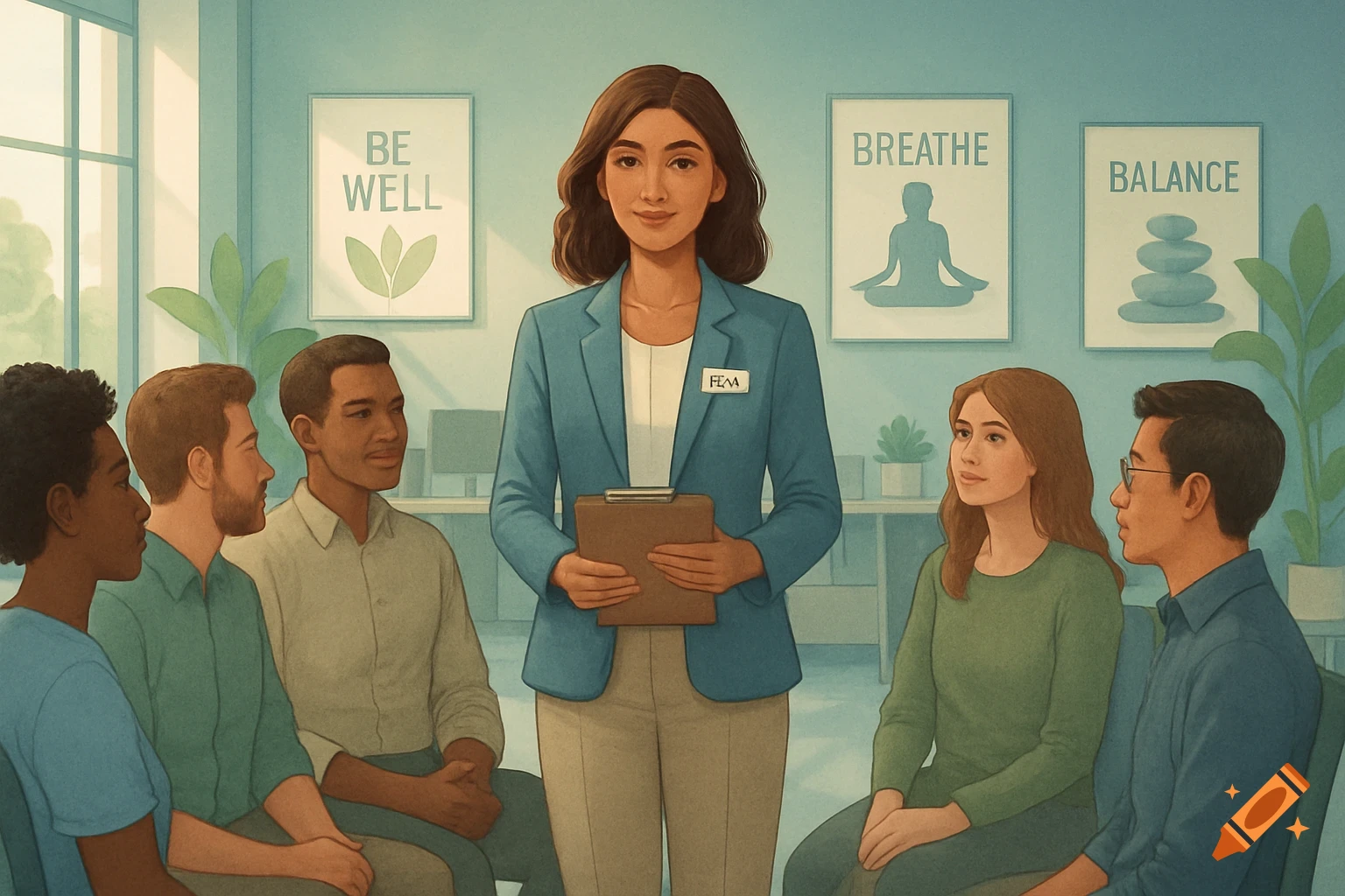 Digital illustration of an HR professional leading a diverse group in a workplace wellness initiative, with motivational posters.