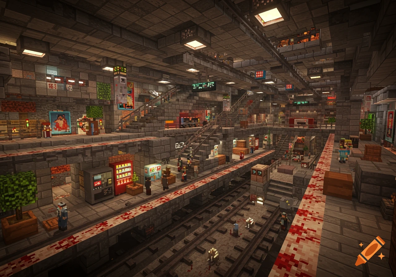 A detailed Minecraft-style underground subway station with multiple levels, tracks, platforms, and pixelated blood splatters.