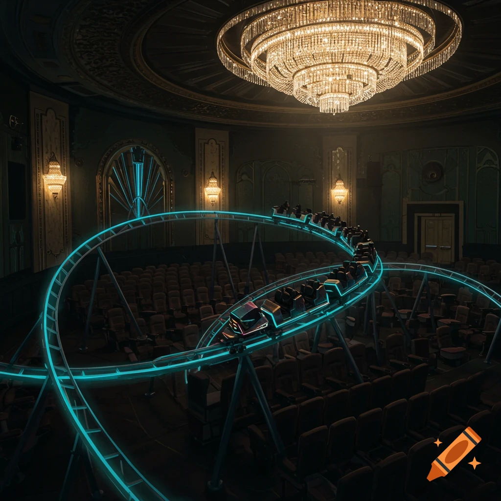 A glowing blue rollercoaster track with a train of cars loops through a grand, dark movie theater with a large crystal chandelier.