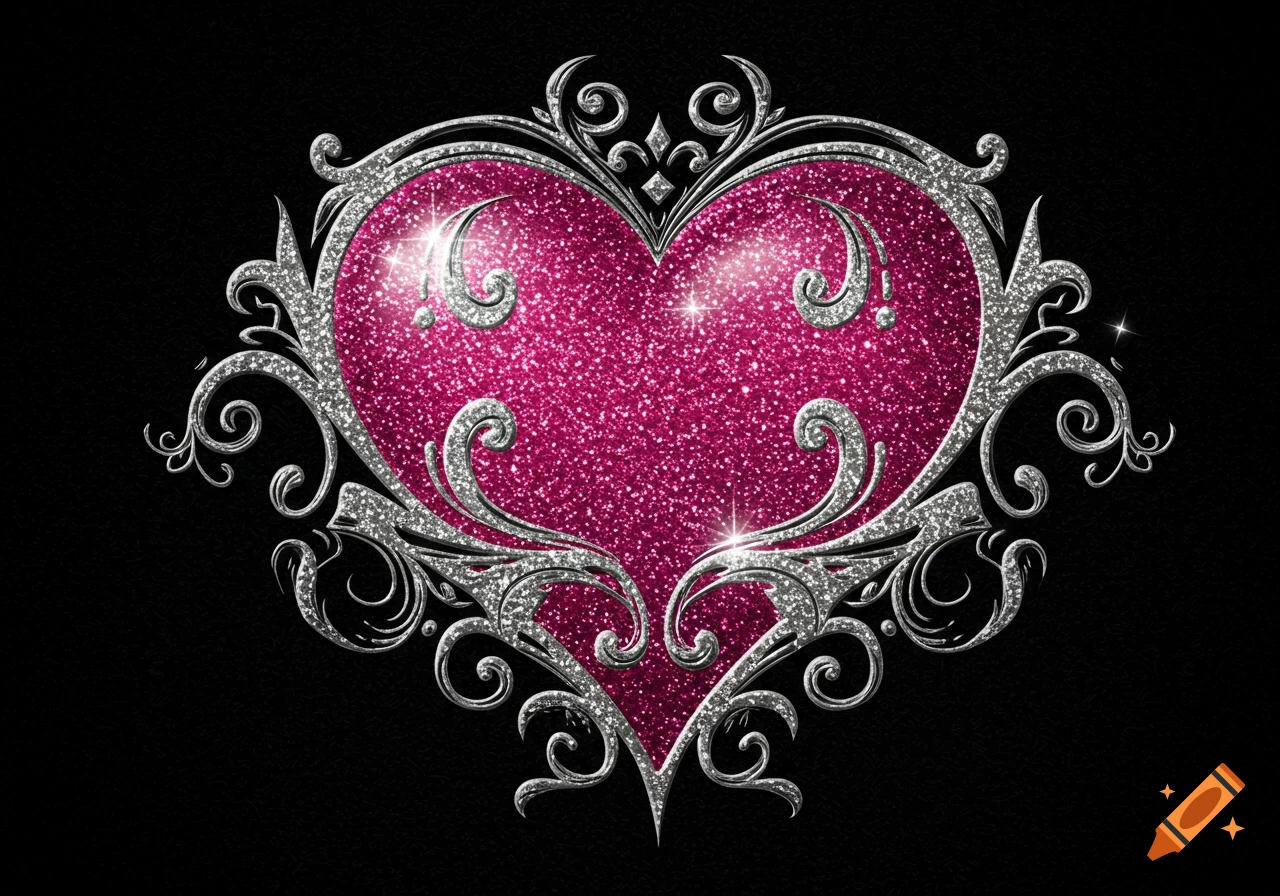 Gothic-inspired heart design with vibrant pink glitter and shimmering silver ornate flourishes against a black textured background.