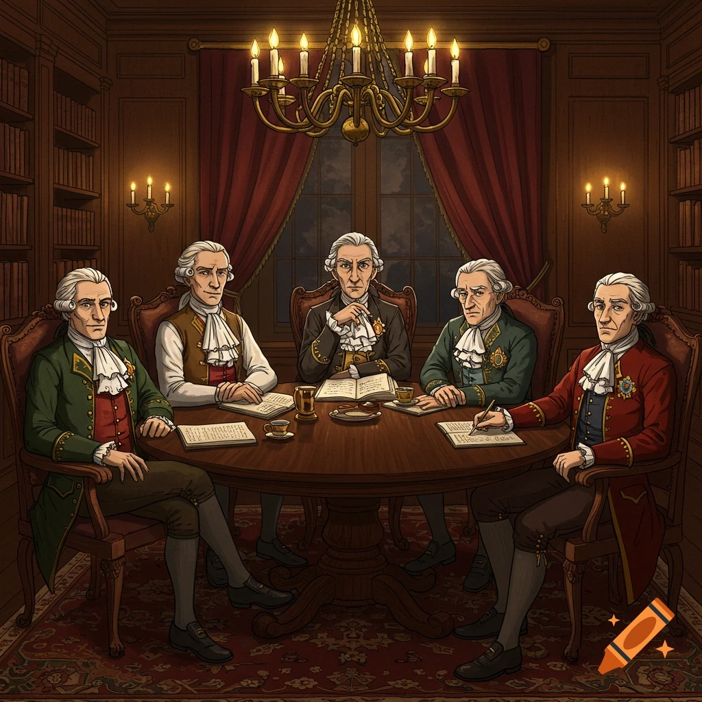 An intricate drawing shows five men in 18th-century attire with white wigs gathered around a wooden table in a dimly lit, wood-paneled study or library, engaged in conversation or discussion.