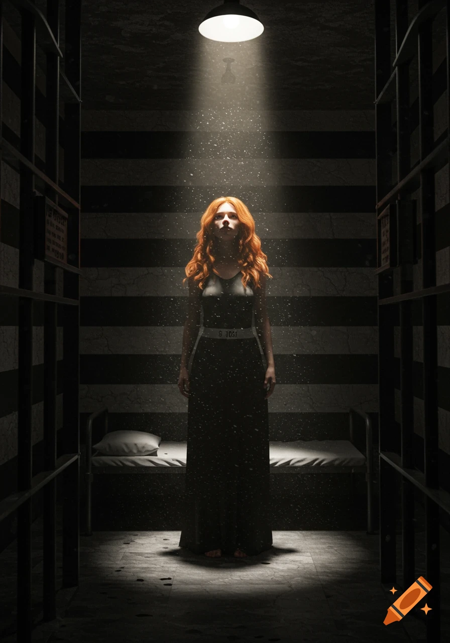 A ginger-haired woman stands in a dimly lit, dark prison cell with horizontal stripes, illuminated by a single overhead light.