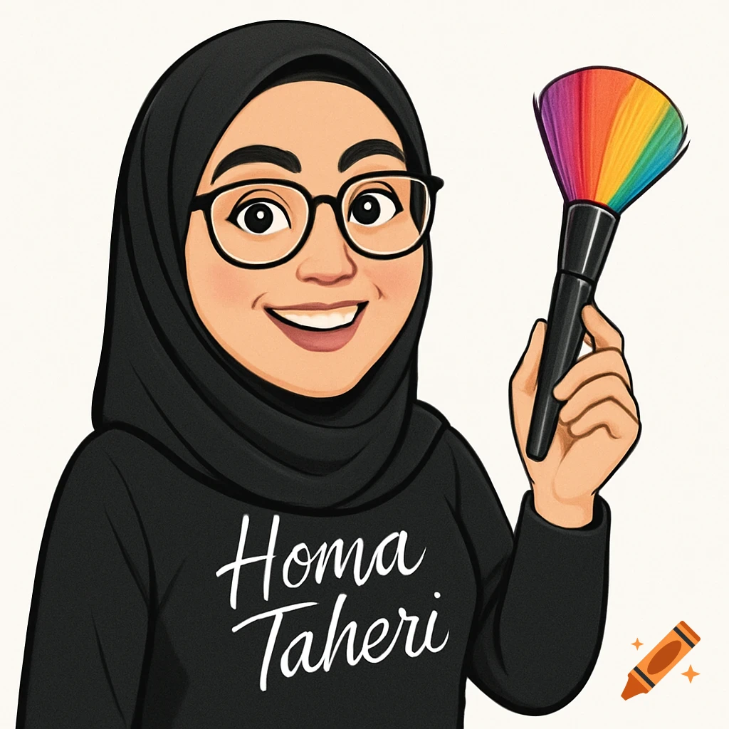 Cartoon avatar of a smiling woman in a black hijab and glasses, holding a rainbow makeup brush. Her black shirt reads "Homa Taheri".