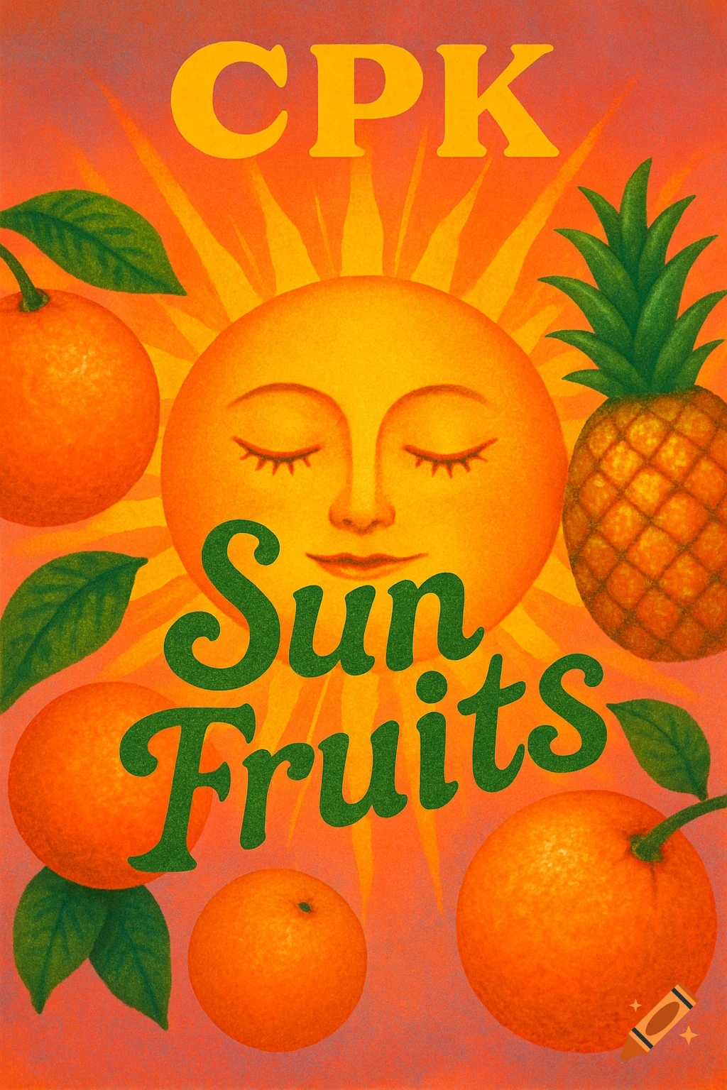 A vibrant vintage-style album cover illustration with a smiling sun, oranges, and a pineapple on an orange background. Text reads "CPK" and "Sun Fruits".