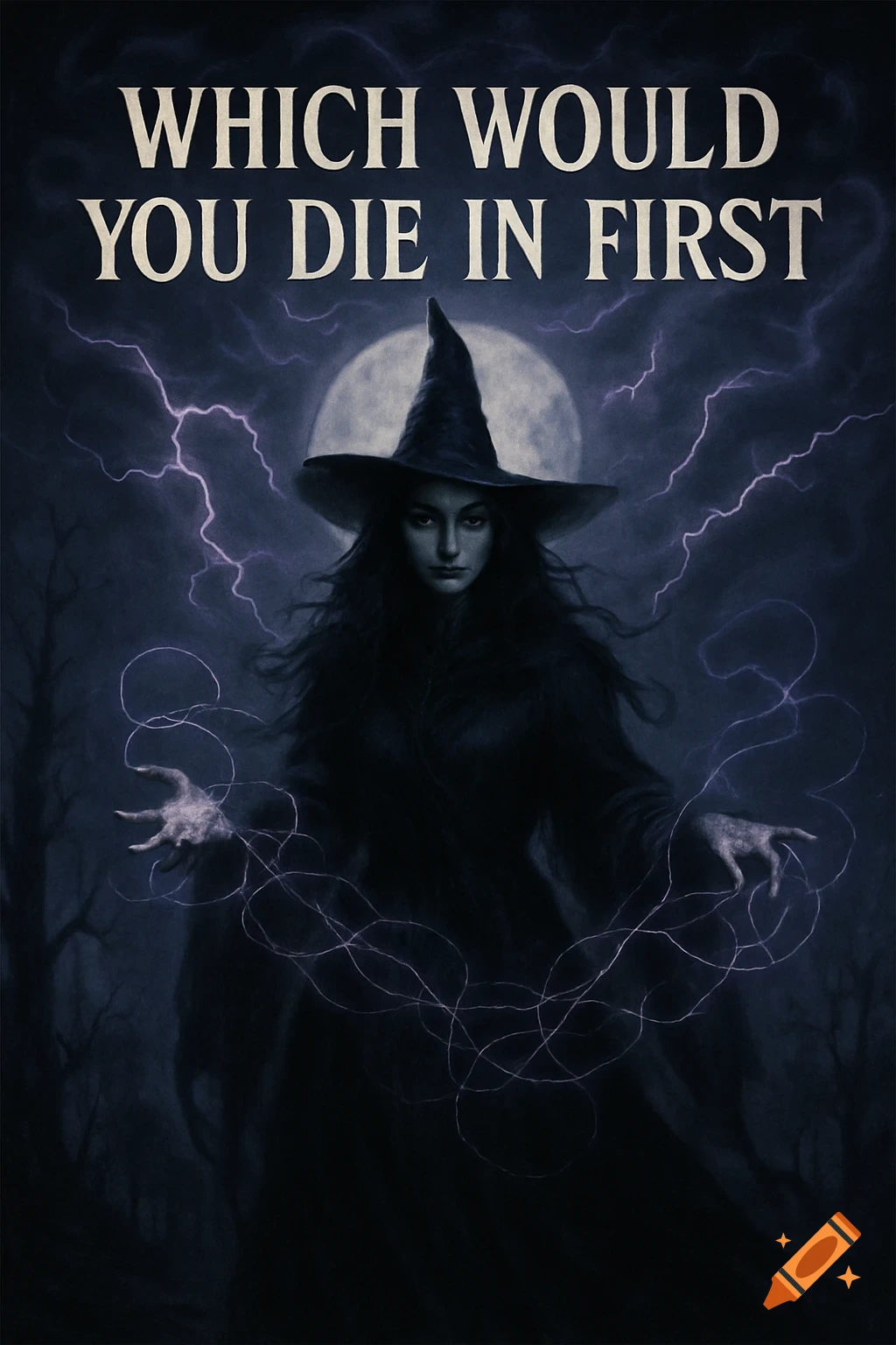 Dark fantasy poster of a witch casting a spell in a stormy night with a full moon. Text: 'WHICH WOULD YOU DIE IN FIRST'.