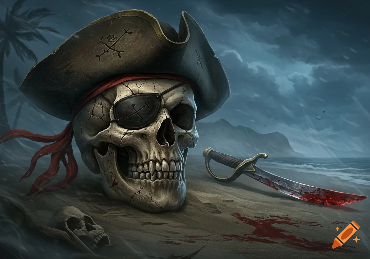 A weathered skull wearing a pirate hat and eyepatch rests on a sandy beach next to a bloody saber, under a stormy sky.