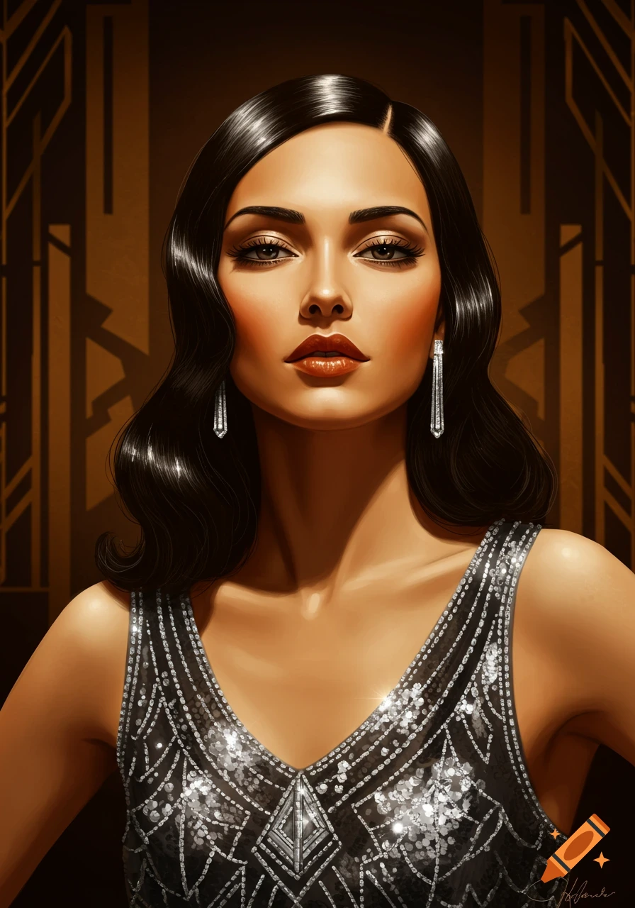 A woman with dark wavy hair and a sequined Art Deco dress, wearing long earrings, against a geometric brown background.