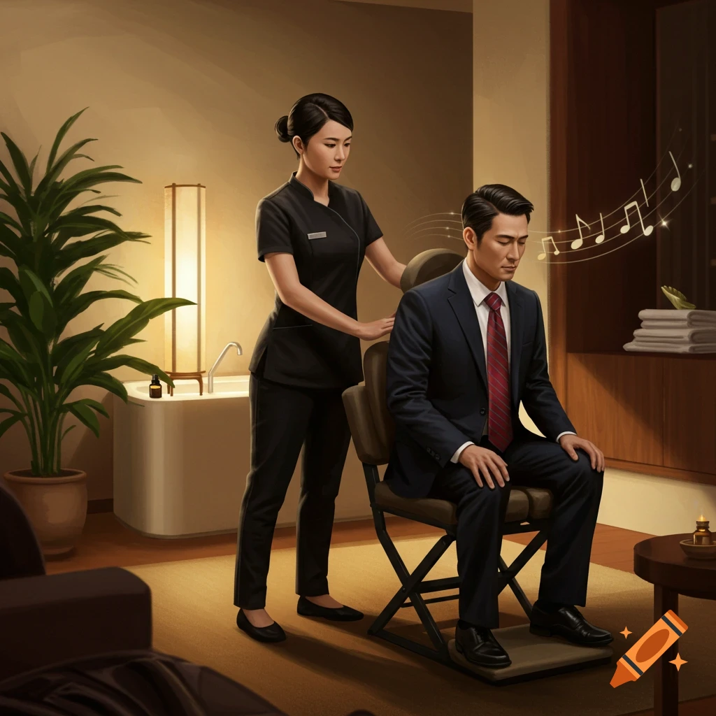 A female massage practitioner in a black uniform gives a back massage to a man in a suit on a massage chair in a spa setting.