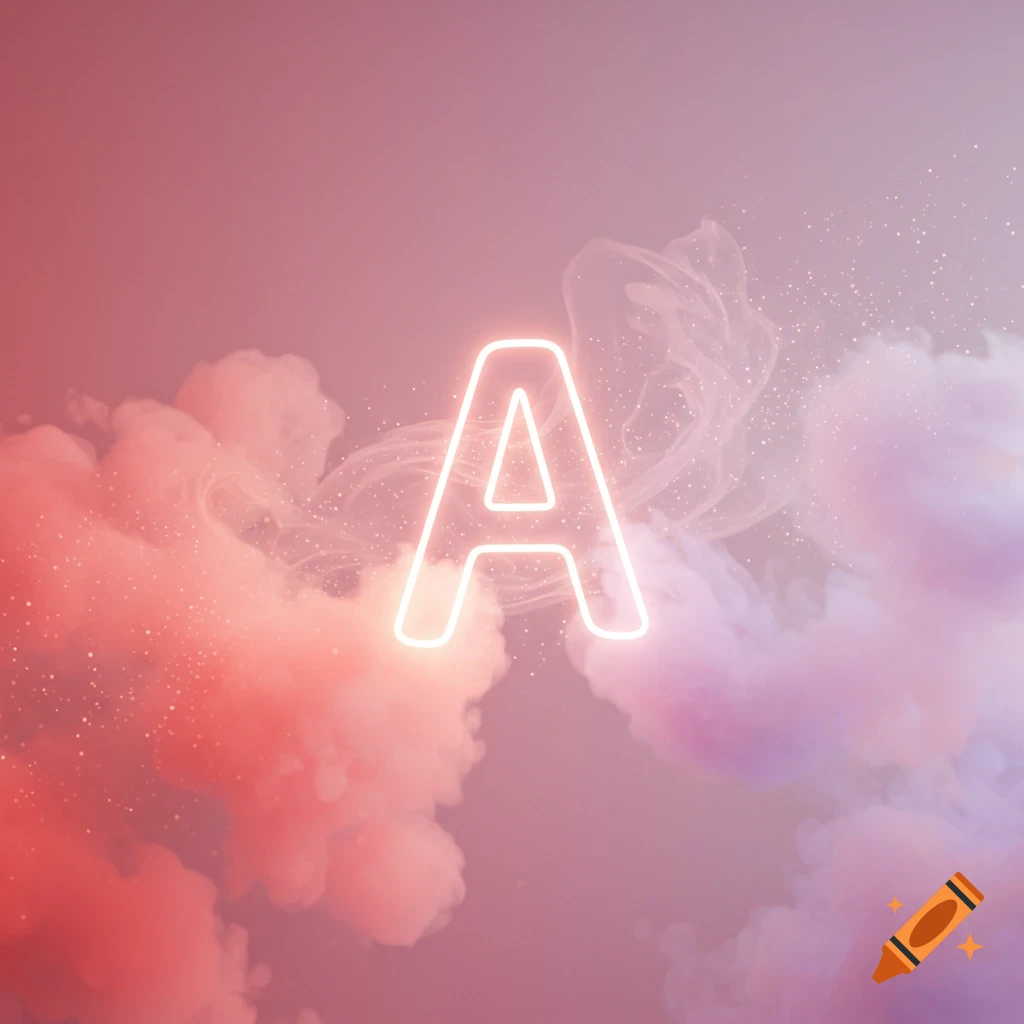 A glowing neon capital letter A centered against a background of pink and purple smoke with scattered particles.