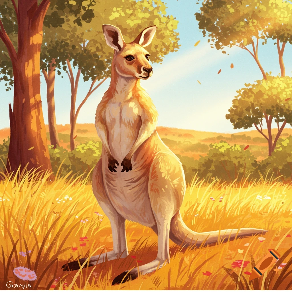 A stylized illustration of a kangaroo standing in a golden grassy field with trees under a blue sky.