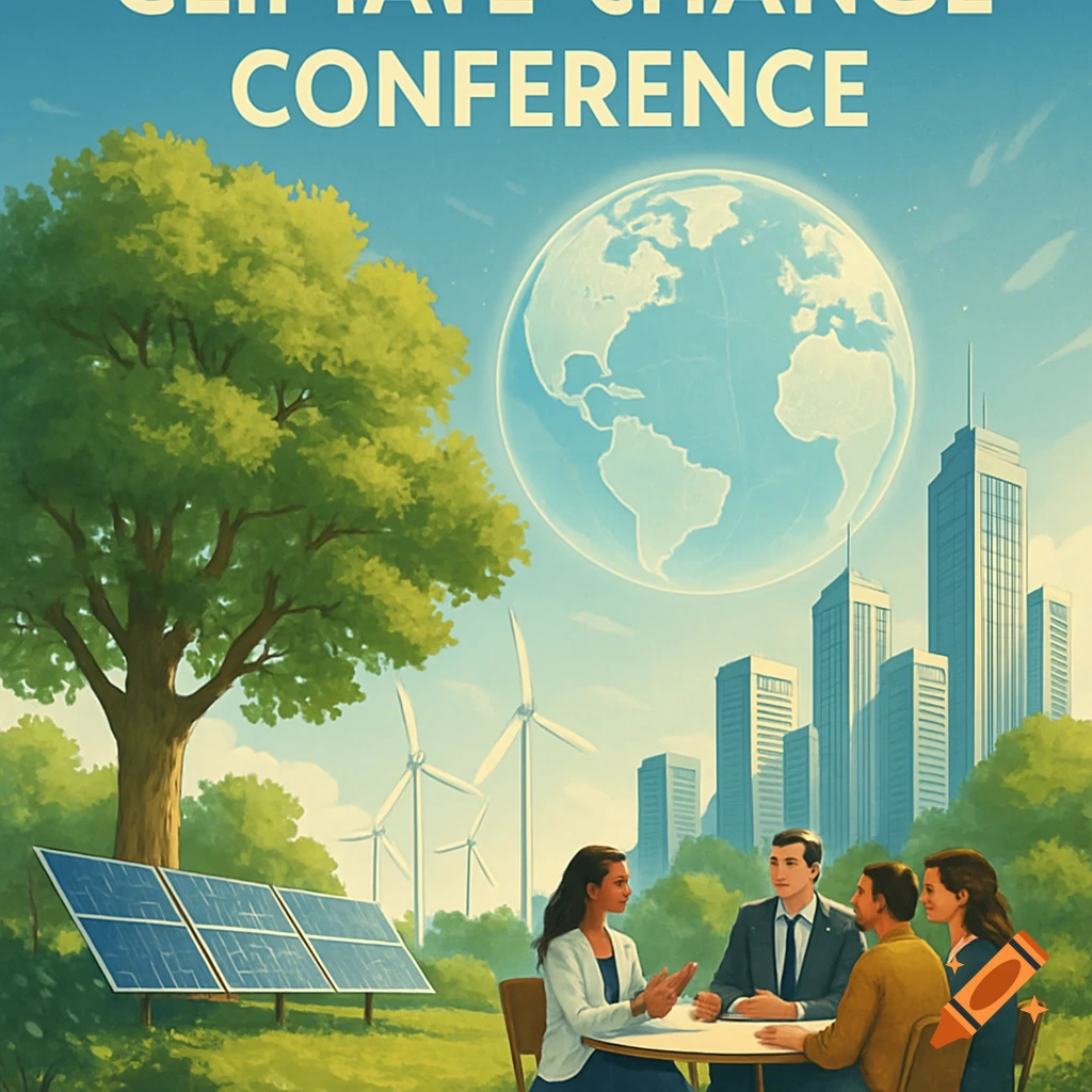 An illustrated poster for a climate change conference showing a tree, solar panels, wind turbines, a city skyline, a globe, and four people.