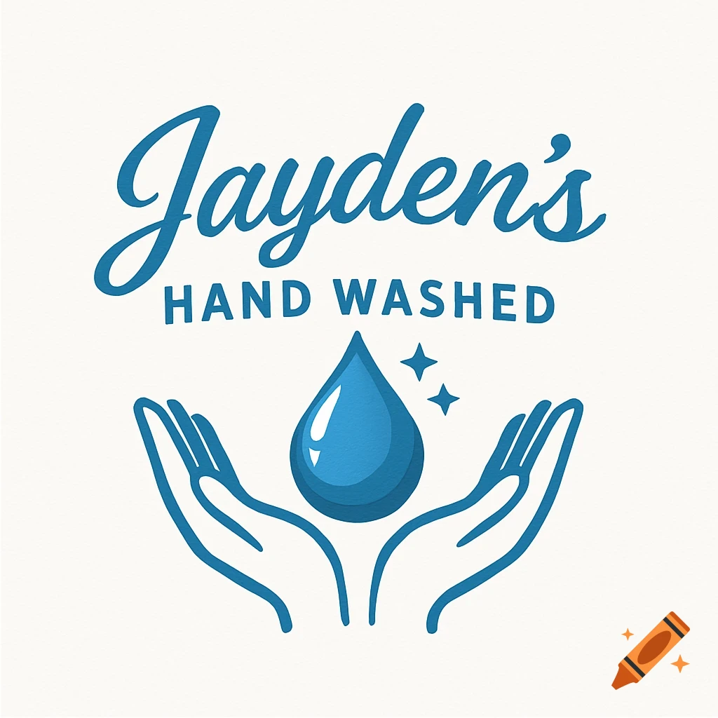 Blue and white logo for 'Jayden's Hand Washed' featuring two stylized hands cupping a large water drop.