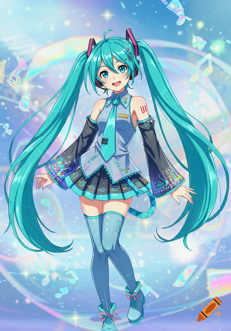 Anime-style illustration of Hatsune Miku with long teal pigtails, blue eyes, and her signature outfit, smiling amidst holographic music notes and stars.