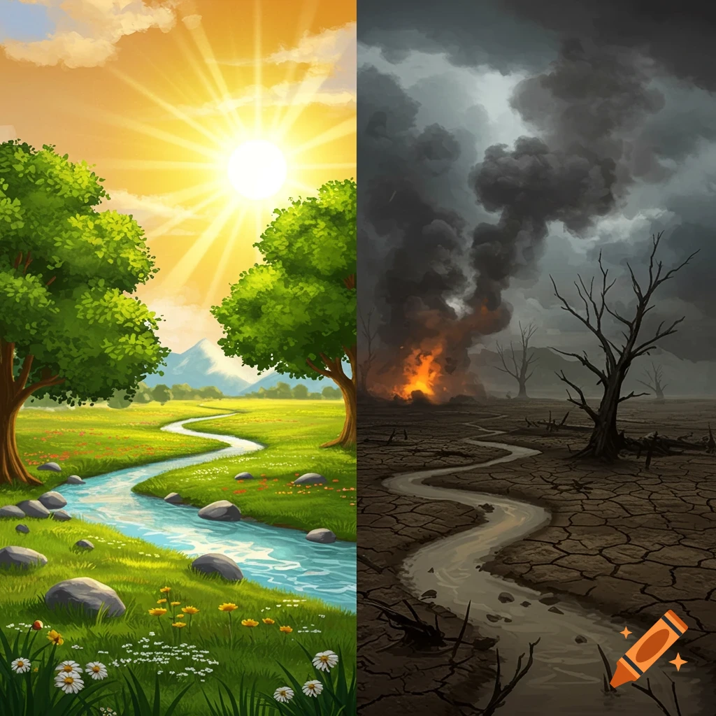 Split illustration: a vibrant, sunny green landscape with a river and trees on the left, a desolate, burning wasteland on the right.