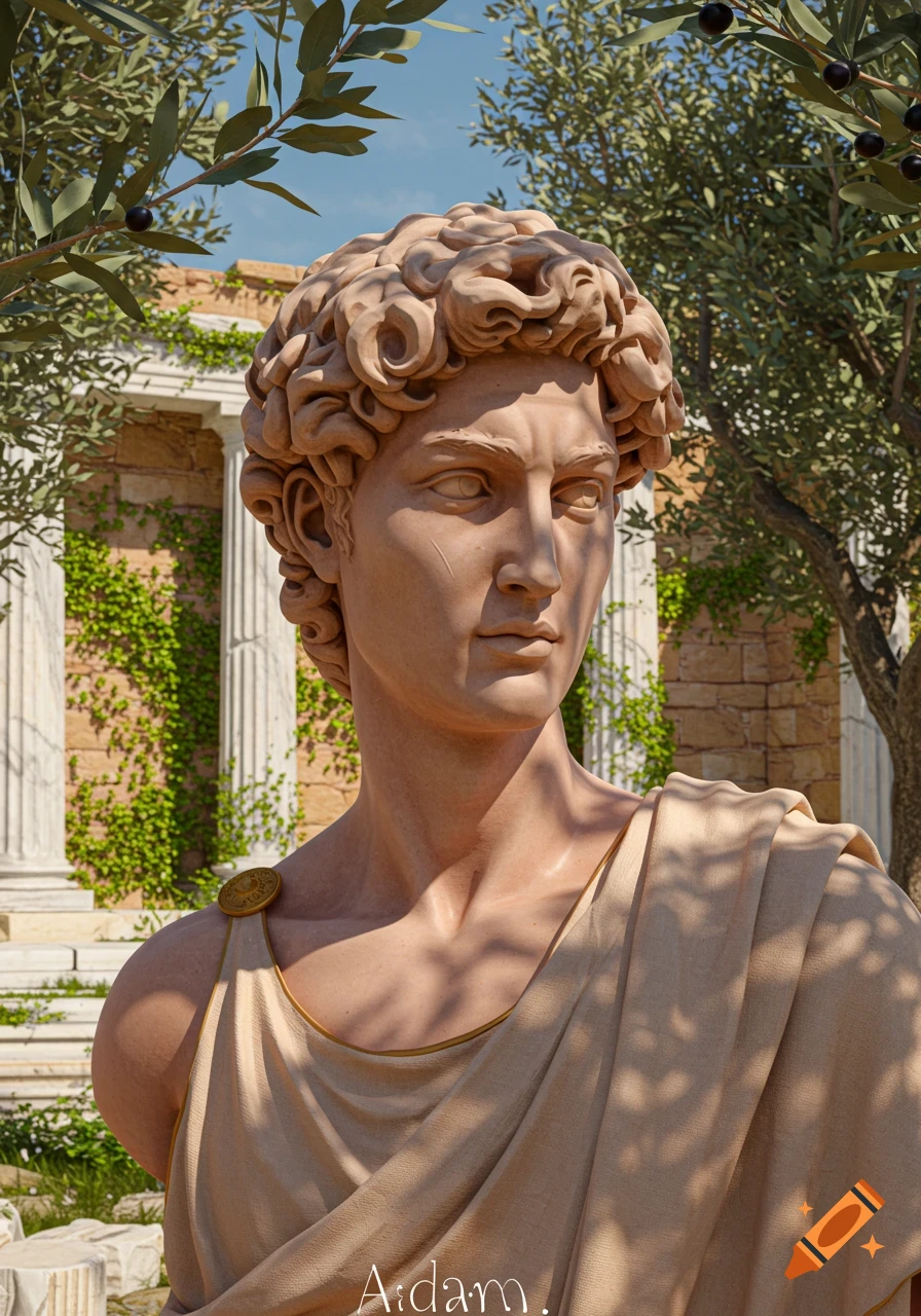 Photorealistic classical marble bust of a man with curly hair, draped in fabric, set among olive trees and ancient ruins.