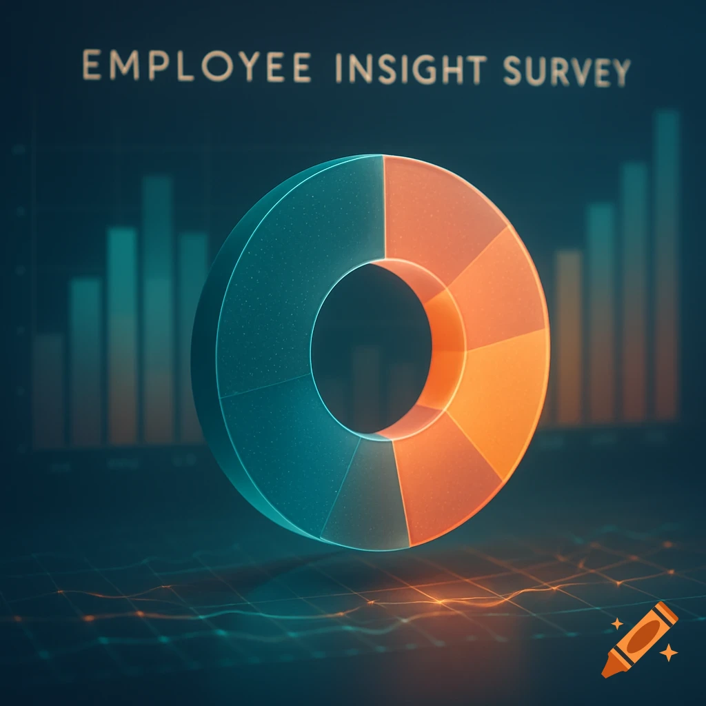 A glowing 3D donut chart and bar graphs on a dark digital background with text 'EMPLOYEE INSIGHT SURVEY'.