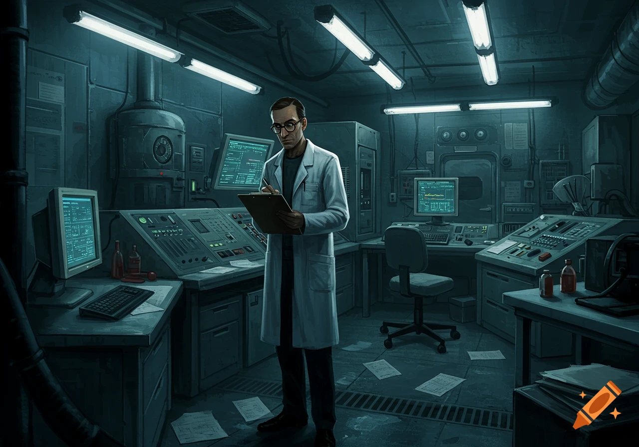 A scientist in a lab coat and glasses stands in a dark, cluttered retro ...