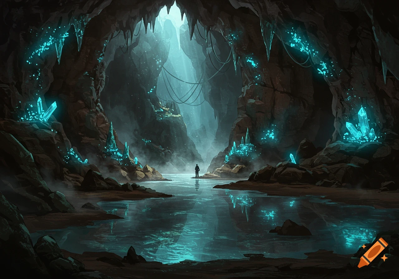 A person stands in a dark fantasy cave with a glowing blue pool and luminescent crystals lining the walls.