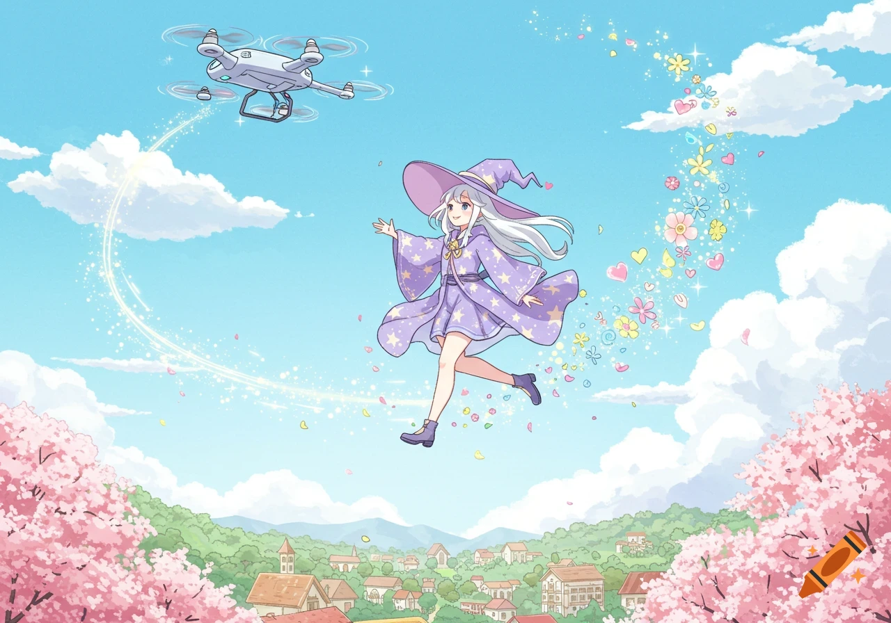 A cartoon anime witch flies on a drone over a town with cherry blossoms, scattering flowers and hearts in the blue sky.