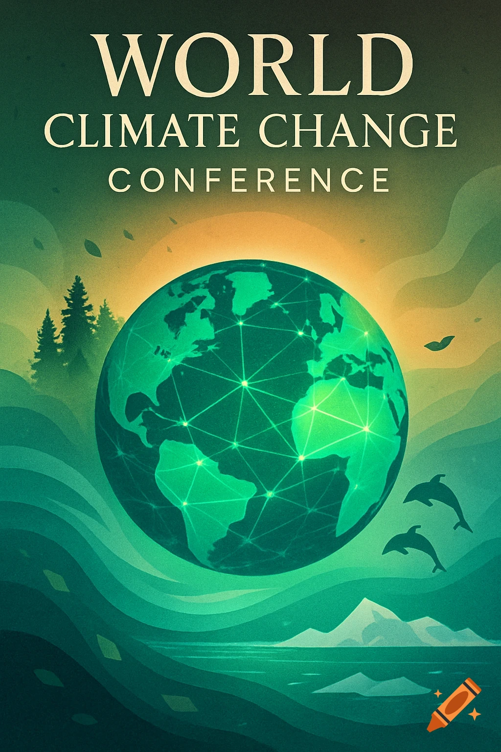 Stylized poster for a World Climate Change Conference, featuring a glowing green Earth, trees, ocean waves, dolphins, and icebergs under a warm sky.