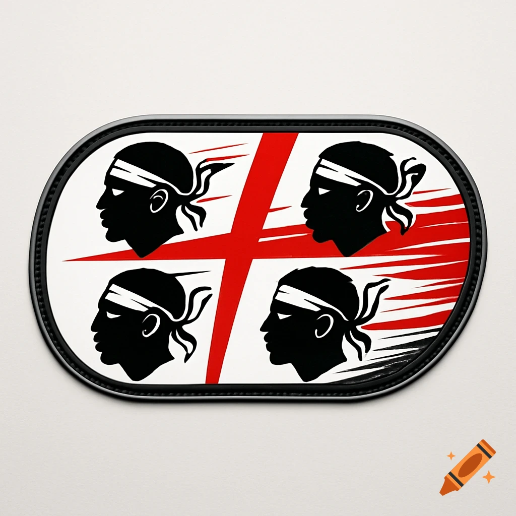An oval logo with a black border, featuring four black Moorish heads with white headbands on a white background with a red cross and speed lines.
